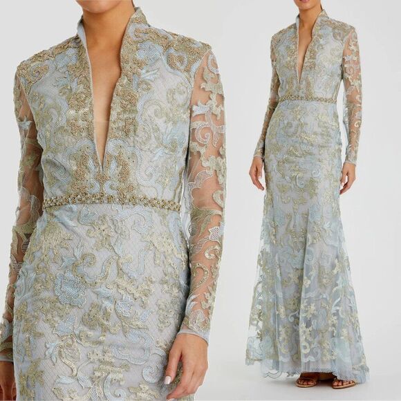 Mac Duggal 11165 Size 16 Light Blue Gold Long Sleeve Applique V-Neck Gown Dress - Picture 1 of 4